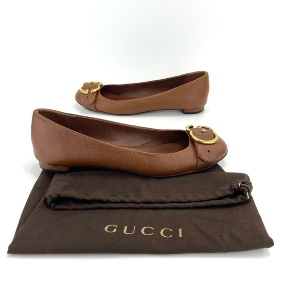 📌SOLD📌 GUCCI 100% AUTHENTIC BROWN LEATHER GOLD INTERLOCKING GG FLATS - Picture 8 of 16